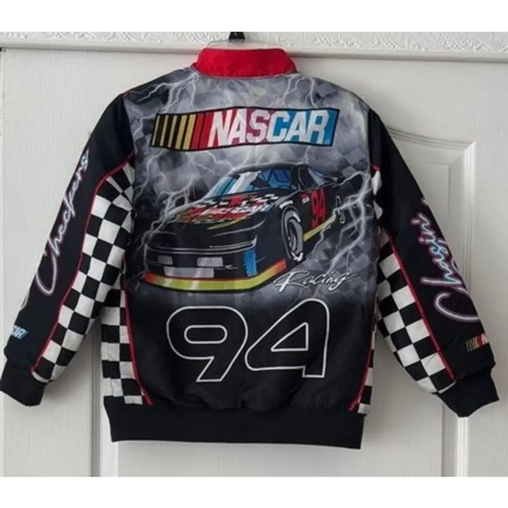 NASCAR Racing Boys 10/12 Black Red #94 Bomber Jacket Checkered Race Car